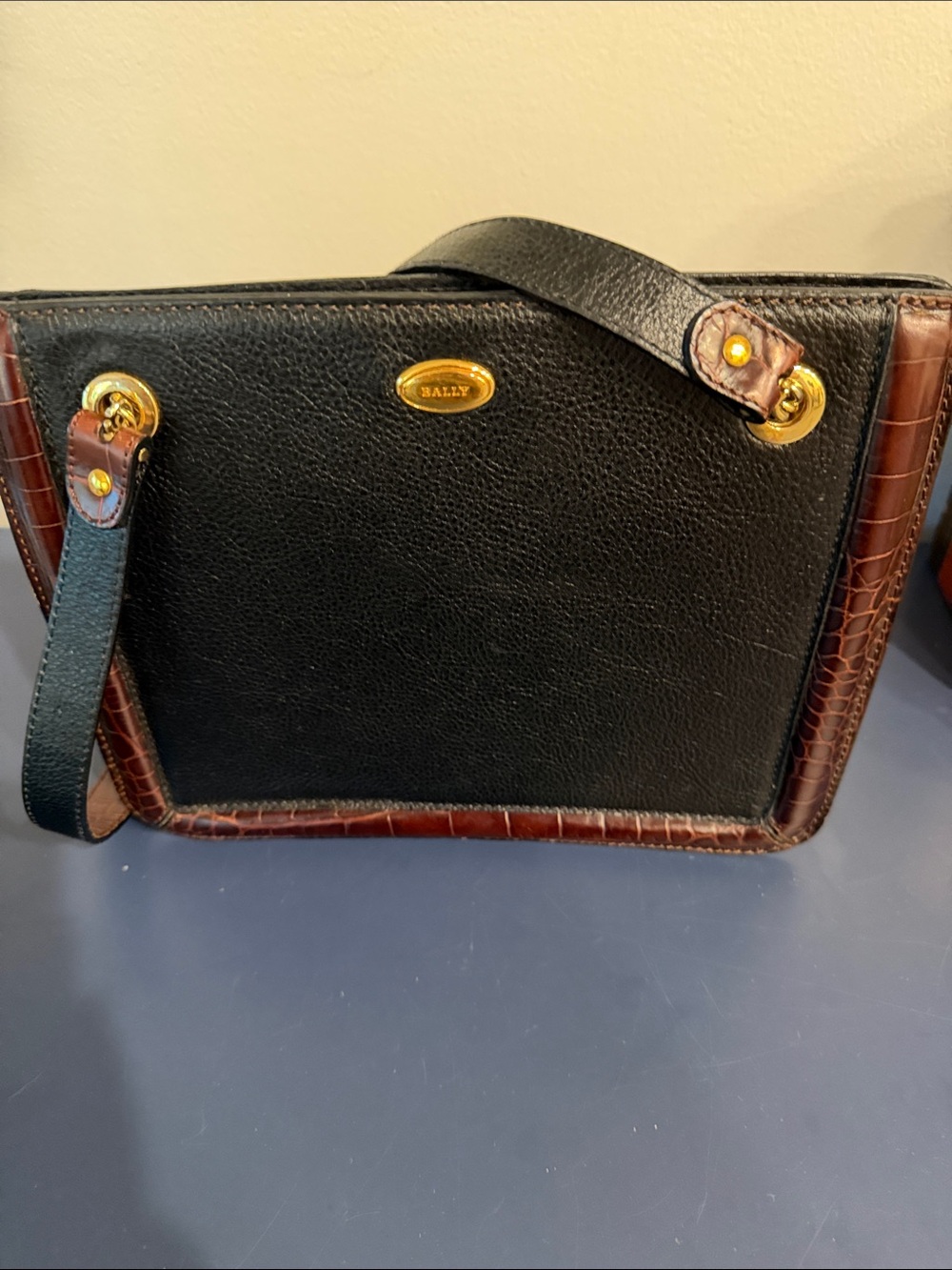Vintage Bally Black & Brown Croc-Trim Leather Messenger Bag